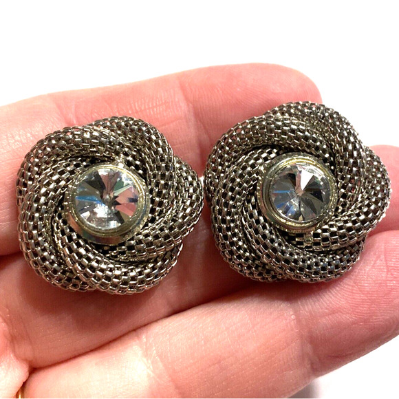 Vintage Y2K Pierced Earrings Silvertone Twisted Mesh & Clear Rhinestone Center - Picture 5 of 5
